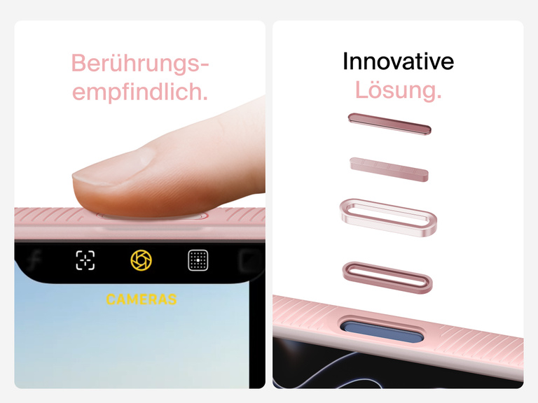 Belkin SheerForce Grip Series Case for iPhone 17 with MagSafe ring, raised edges, and floating tinted buttons for precision protection.