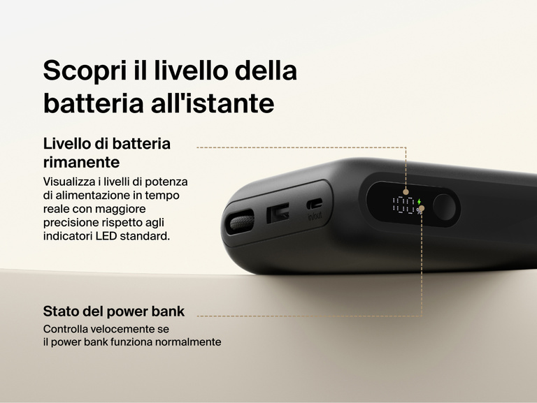 Belkin UltraCharge 20K 45W power bank with digital display showing real-time battery percentage and charging status for accurate power monitoring