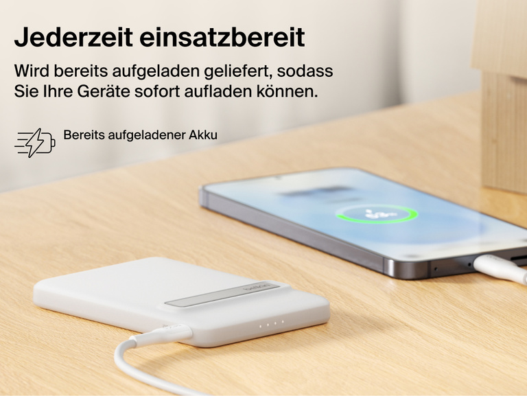 Belkin BoostCharge Slim Magnetic Power Bank 5K with Qi2 shown precharged and ready to deliver fast, portable wired or magnetic wireless charging straight out of the box.