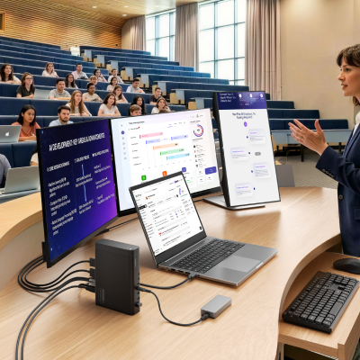 Belkin Universal 16-Port Triple Display USB-C Dock connected to a laptop and three displays in a classroom, enabling a presenter to manage presentations and multitask across multiple screens.