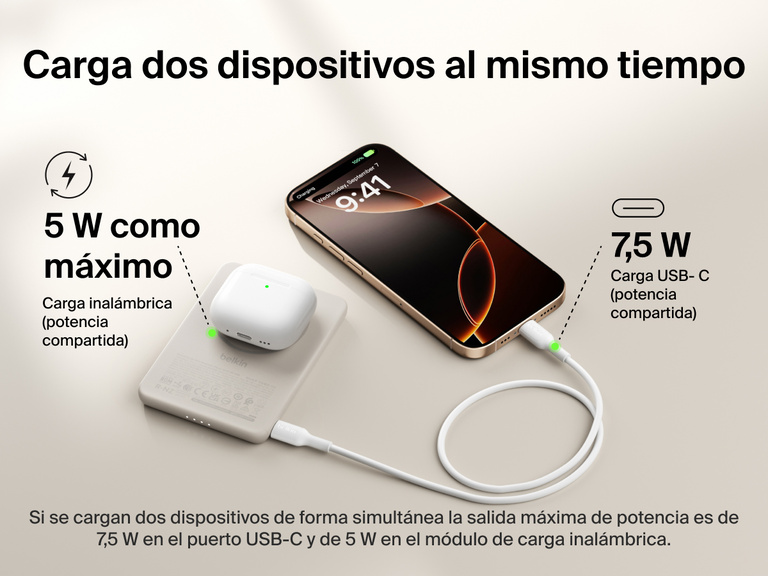 Belkin BoostCharge Slim Magnetic Power Bank 5K shown charging a smartphone and wireless earbuds simultaneously, demonstrating dual charging with 7.5W USB-C and 5W wireless shared power output.