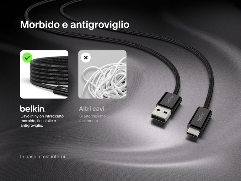Immagine del cavo da USB-A a USB-C da 15 W Belkin BoostCharge, con guaina morbida e flessibile in nylon intrecciato per prevenire attorcigliamenti e fornire un'esperienza d'uso ideale.