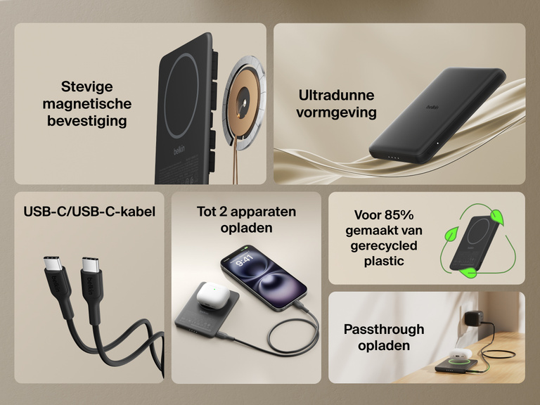 Belkin BoostCharge Slim Magnetic Power Bank 5K shown highlighting key features including secure magnetic ring, ultra-slim design, USB-C to USB-C cable, dual device charging, recycled materials, and pass-through charging capability.