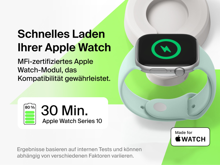 Die Belkin UltraCharge Pro verstellbare, magnetische 2-in-1-Ladestation mit Qi2 25W l&auml;dt eine Apple Watch schnell mit einem MFi-zertifizierten Modul auf. Laden von 0 auf 80&nbsp;% ist bei kompatiblen Modellen in 30&nbsp;Minuten m&ouml;glich.