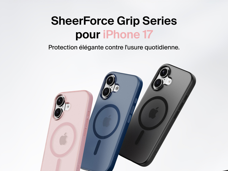 Belkin SheerForce Grip Series protective case for iPhone 17 shown in pink, clear, and black with slim design and MagSafe compatibility.