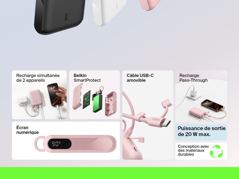 Infographie mettant en avant les fonctionnalités essentielles de la batterie externe 10K Belkin BoostCharge avec écran intégré, et notamment sa puissance de sortie de 20 W, la recharge simultanée de deux appareils, l’affichage numérique du niveau de batterie, le câble USB-C détachable, la recharge Pass-Through, la fonction Belkin SmartProtect et les matériaux durables.