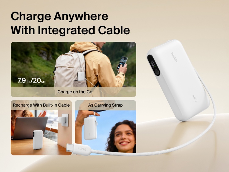 Belkin UltraCharge 10K power bank with integrated USB-C cable and digital display designed for portable charging, recharging, and convenient carry on the go