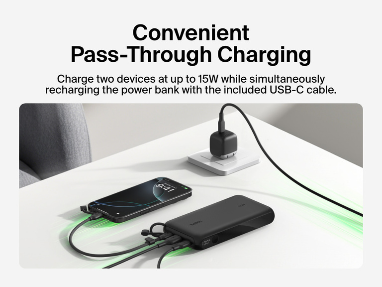 Belkin BoostCharge Power Bank 20K with Display shown using pass-through charging to power two devices at up to 15W while recharging the power bank via the included USB-C cable.