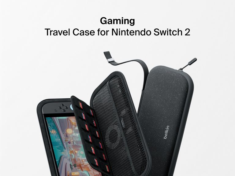 Exploded view of the Belkin Gaming Travel Case for Nintendo Switch 2, featuring compartments for game cards, mesh storage, and durable zippered protection.