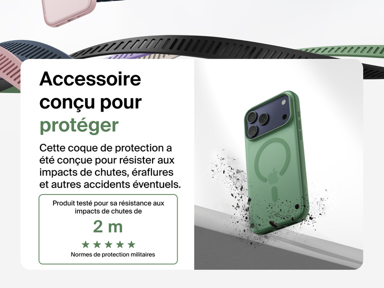 Belkin SheerForce Grip Series Case for iPhone 17 shown with textured grip and impact protection against drops.