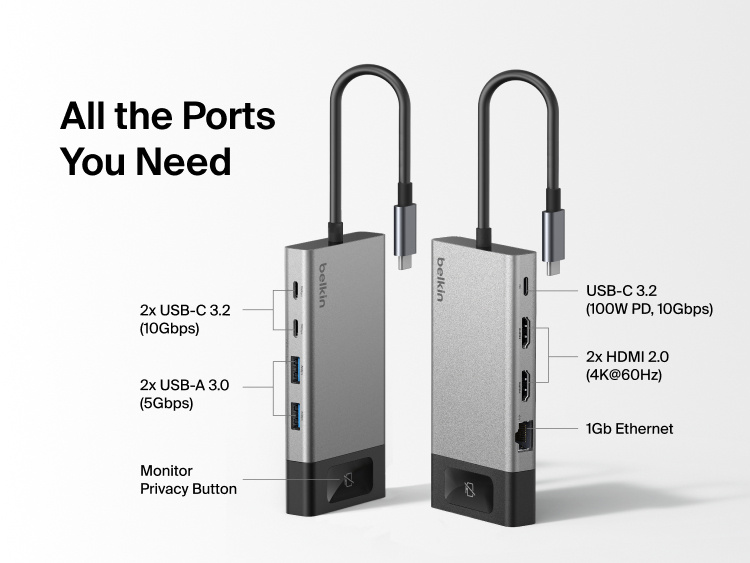 Diagram of a Belkin 8-port USB-C hub highlighting its ports, including USB-C 3.2 with 100W power delivery, two USB-C 3.2 ports, two USB-A 3.0 ports, two HDMI 2.0 ports supporting 4K@60Hz, a 1Gb Ethernet port, and a monitor privacy button.