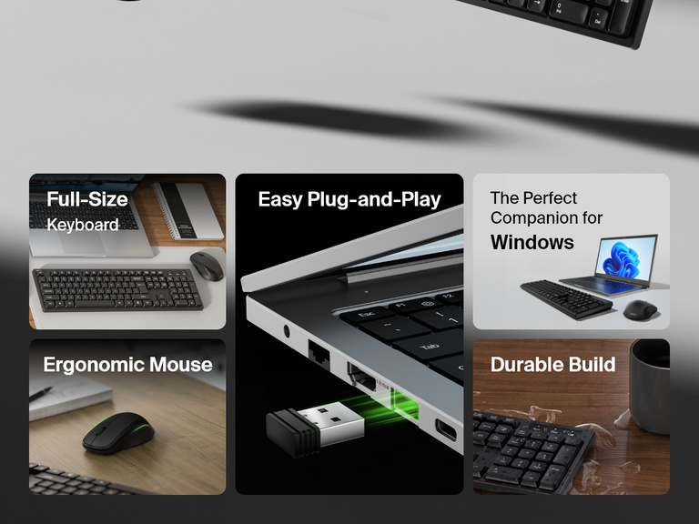 A Belkin Connect Wireless Keyboard and Mouse Combo is shown in various lifestyle settings highlighting its full-size keyboard, ergonomic mouse, easy plug-and-play USB receiver, durable build, and compatibility with Windows laptops.