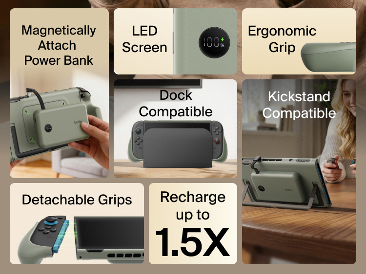 Belkin Gaming Charging Grip for Nintendo Switch 2 with magnetic power bank attachment, ergonomic grips, LED battery display, dock compatibility, and detachable Joy-Con support.