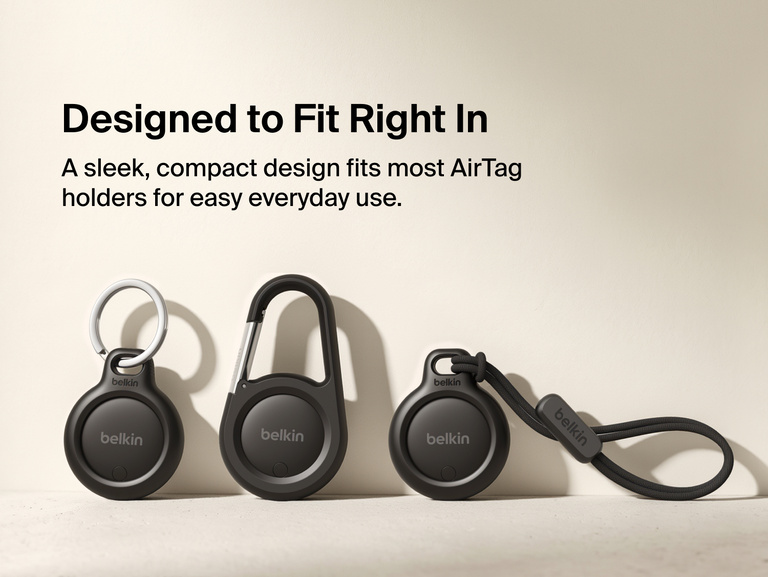 Belkin SureFind Spot shown with key ring, carabiner and lanyard-style AirTag holders to demonstrate its compact, versatile design.