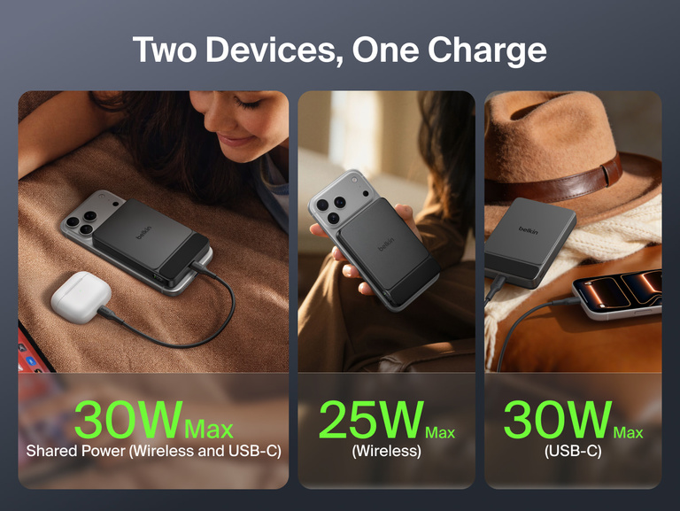 Belkin UltraCharge Slim Magnetic Power Bank 10K charging two devices simultaneously with 30W shared power, 25W wireless output, and USB-C fast charging capability