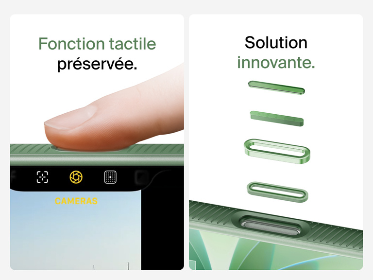 Belkin SheerForce Grip Series Case for iPhone 17 with MagSafe ring, raised edges, and floating tinted buttons for precision protection.