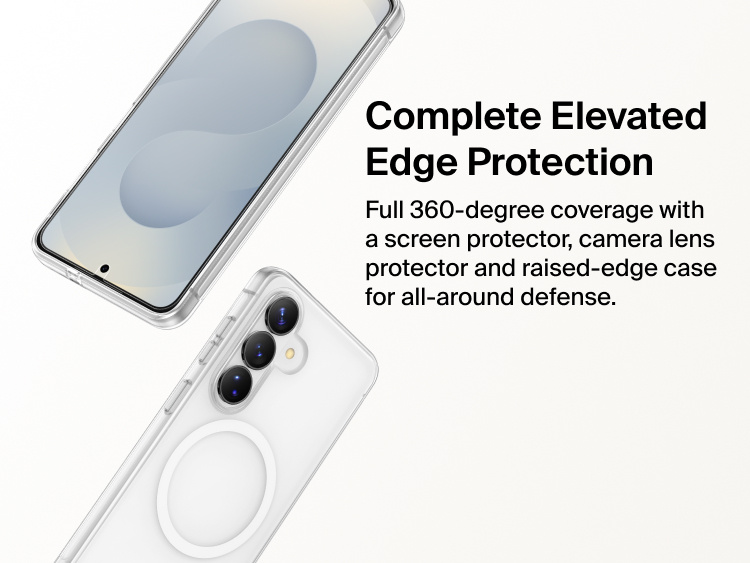Belkin SheerForce Titan Protective Bundle for Samsung Galaxy S26 featuring 360-degree coverage with tempered glass screen protector, camera lens protectors, and raised-edge case for complete elevated edge defense.