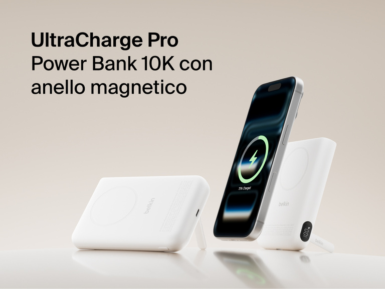 Belkin UltraCharge Pro Power Bank 10K with magnetic ring shown wirelessly charging a smartphone, featuring a slim portable battery design for on-the-go fast charging.