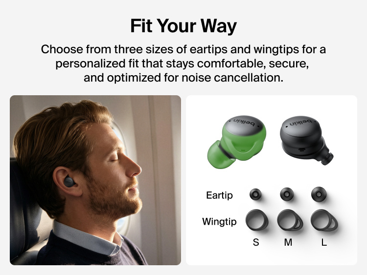 SoundForm Isolate Buds ANC worn during air travel, shown next to the interchangeable eartips and wingtips available in three sizes