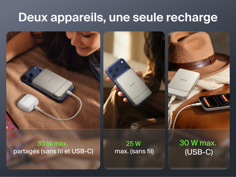 Belkin UltraCharge Slim Magnetic Power Bank 10K shown powering devices across everyday carry, work, travel, and business use scenarios with magnetic wireless charging and portable design