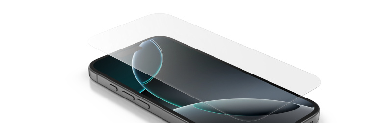Close-up of a smartphone with a transparent screen protector aligned above the display, shown on a white background to highlight edge-to-edge coverage.