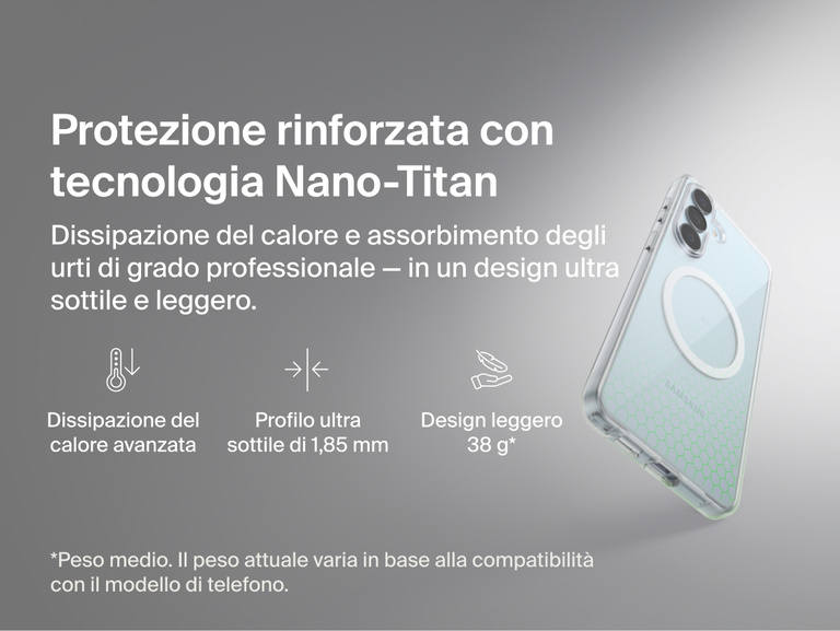 Belkin SheerForce Clear Series Case for Samsung Galaxy S26 shown in close-up, highlighting reinforced Nano-Titan protection with shock absorption, heat dissipation, ultra-slim 1.85 mm profile, and lightweight protective design.