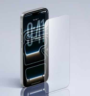 Smartphone with a semi-transparent InvisiGlass screen protector aligned in front, showcasing blue light filtering protection.