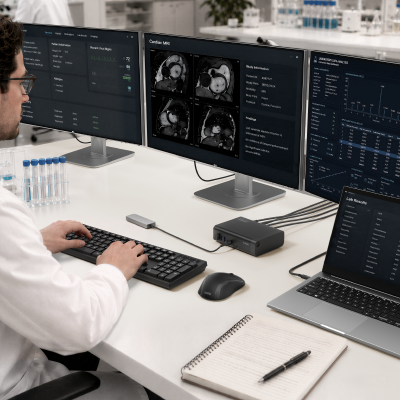 Belkin Universal 16-Port Triple Display USB-C Dock connected to a laptop and three monitors in a laboratory, enabling healthcare professionals to view medical imaging, patient data, and analytics simultaneously.