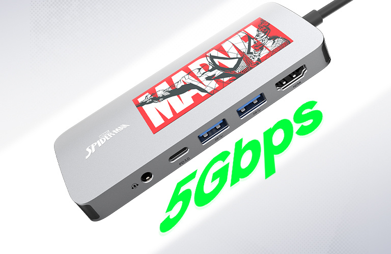 Image of the Belkin Connect USB-C 7-in-1 Multiport Hub emphasizing 5Gbps fast data transfer speed between a computer and peripheral devices, with ports labeled for connectivity.