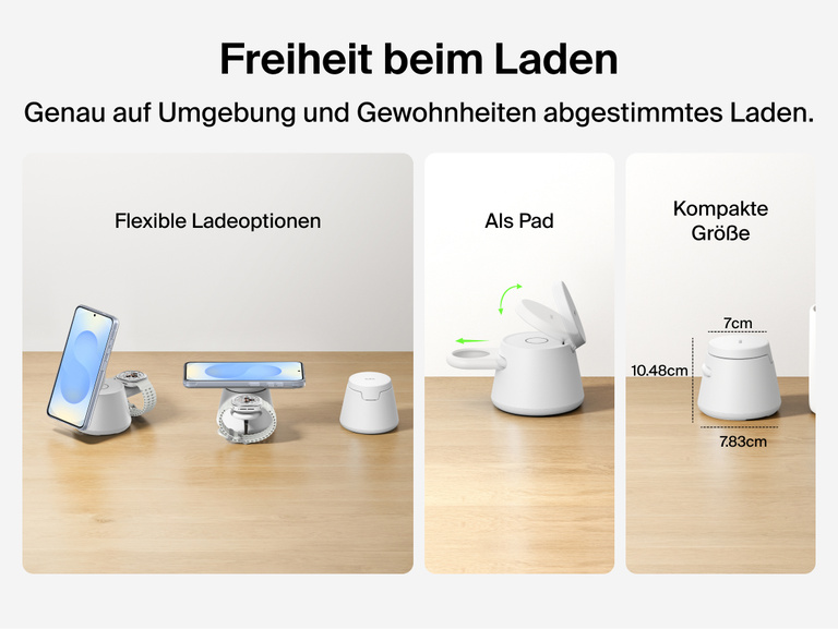 Die flexiblen Ladeoptionen der Belkin UltraCharge modularen Ladestation mit Qi2 25W, als St&auml;nder und Pad, werden veranschaulicht. Auch das kompakte, platzsparende Design, das praktisch zum t&auml;glichen Einsatz ist, wird gezeigt.