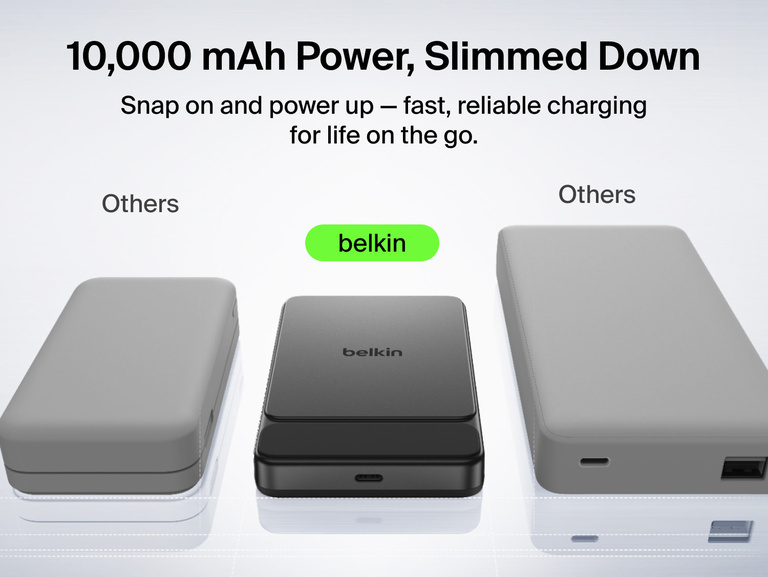 Belkin UltraCharge Slim Magnetic Power Bank 10K showcasing 10,000 mAh capacity, ultra-slim design, and compact size compared to standard portable chargers