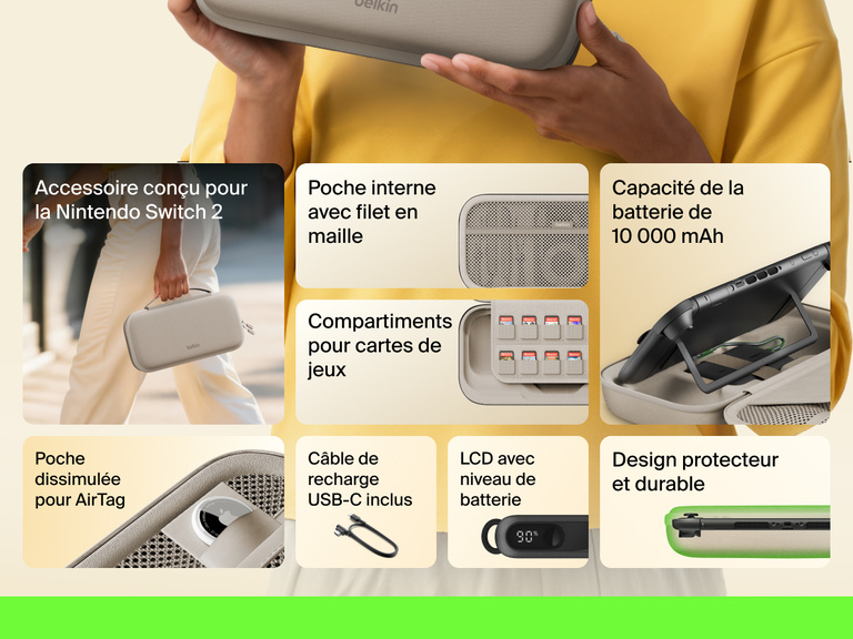 Infographic showcasing the Belkin Gaming Charging Case for Nintendo Switch 2 with features like 10,000 mAh power capacity, game card storage sleeve, USB-C cable, LCD battery indicator, mesh pocket, hidden AirTag pocket, and a durable, protective design.