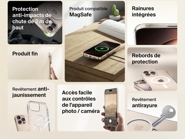 A feature-packed promotional image of the SheerForce™ Magnetic iPhone Case, highlighting its key benefits. The collage showcases its MagSafe compatibility, grip-enhancing grooved texture, protective raised edges, anti-yellowing technology, and anti-scratch coating. It also emphasizes 2m drop protection, ultra-slim design, and easy access to camera control, making it a durable and stylish choice for iPhone users.