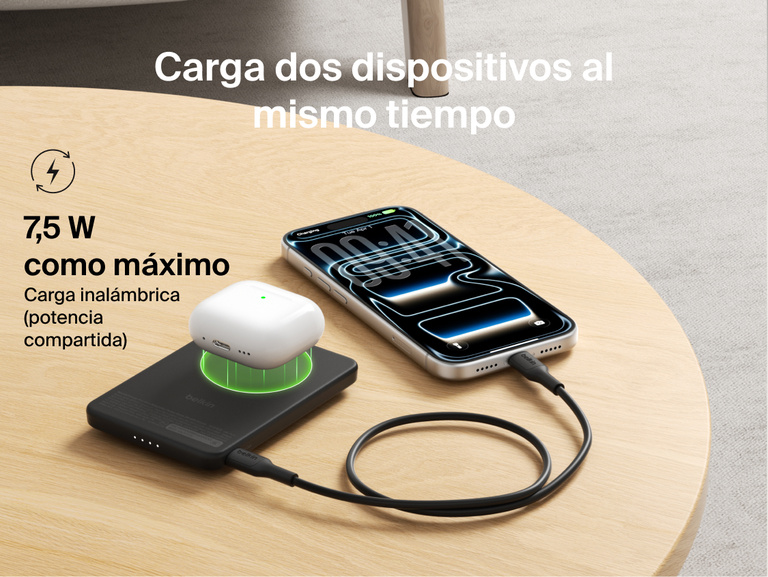 Belkin BoostCharge Slim Magnetic Power Bank 5K with Qi2 charging two devices simultaneously using magnetic wireless charging and USB-C wired output for shared power.