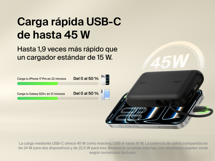 Belkin UltraCharge 10K power bank with integrated USB-C cable and digital display delivering up to 45W fast charging for smartphones and portable devices