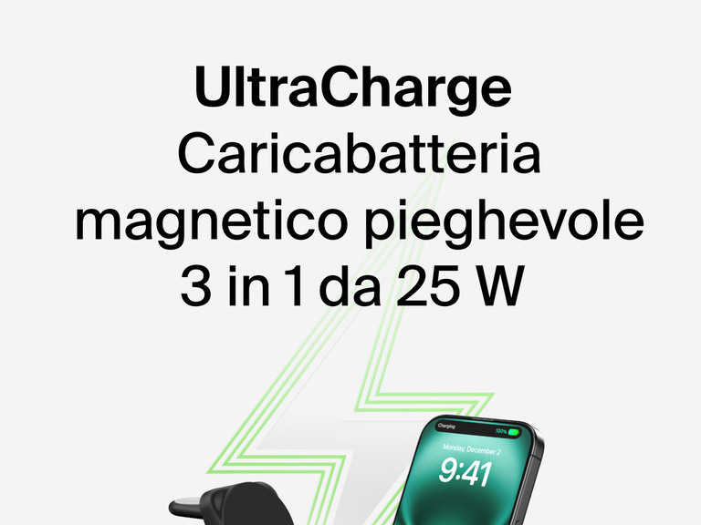 Immagine del caricabatteria magnetico pieghevole 3 in 1 con Qi2 da 25 W Belkin UltraCharge mentre ricarica un iPhone, con una grafica di un lampo verde sullo sfondo.