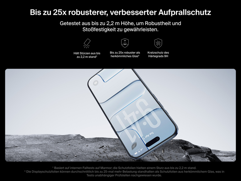 Belkin ScreenForce UltraGlass 2 Screen Protector delivers up to 25x stronger protection with 7.2 ft drop resistance and 9H scratch durability for iPhone.