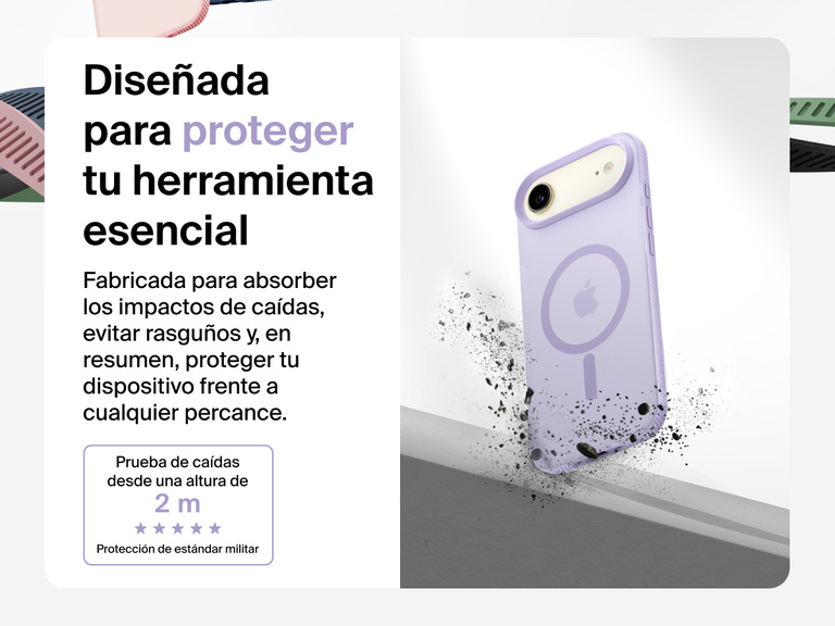 Belkin SheerForce Grip Series Case for iPhone 17 shown with textured grip and impact protection against drops.