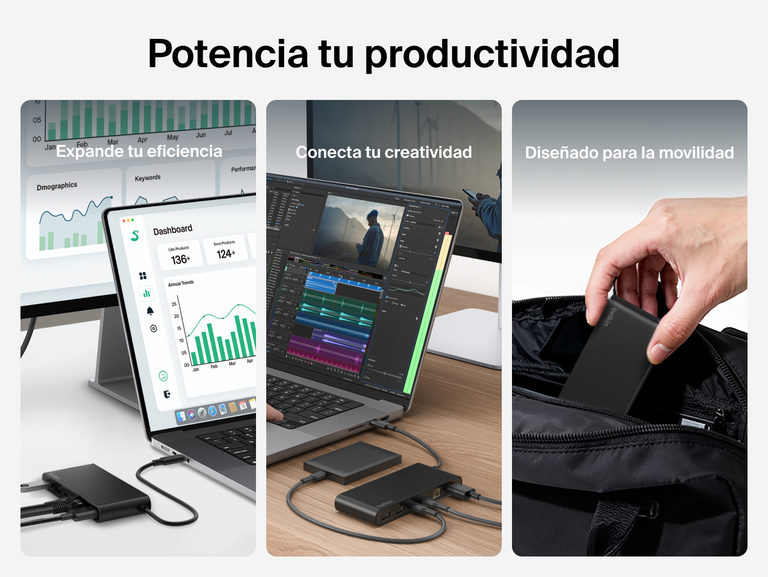 Se muestra cómo el hub USB-C de 8 puertos con 2.5Gb Ethernet de Belkin mejora la productividad de las estaciones de trabajo de profesionales y creativos gracias a un diseño compacto y portátil que permite transportarlo sin problemas en cualquier bolsa.