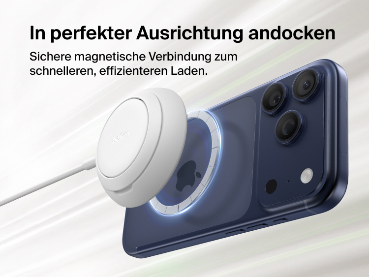 Das Belkin UltraCharge magnetische Ladeger&auml;t mit Qi2 25W wird in perfekter Ausrichtung zum effizienten, induktiven Laden an die R&uuml;ckseite eines Smartphone angedockt gezeigt.