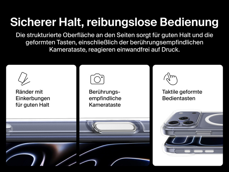 Belkin SheerForce Clear Series Case for iPhone 17 with grooved edges, tactile molded controls, and touch-sensitive camera button for secure grip and seamless control.