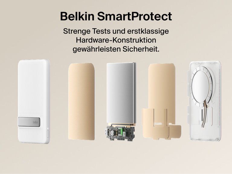 Belkin BoostCharge Slim Magnetic Power Bank 5K with Qi2 shown with Belkin SmartProtect internal components designed for safe, reliable charging performance.