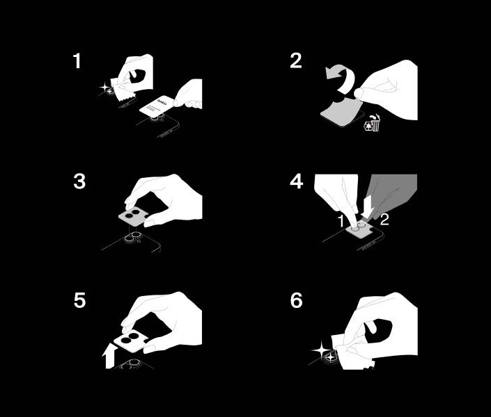 Step-by-step illustrated instructions showing the easy application process for the ScreenForce TemperedGlass Camera Lens Protector, emphasizing precision alignment and compatibility with phone cases.