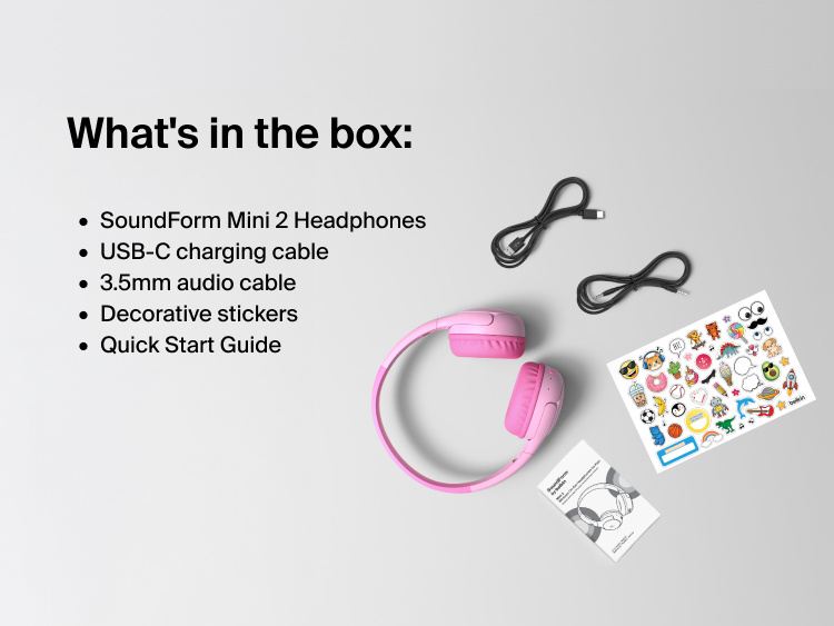 SoundForm Mini 2 Wireless On-Ear Headphones for Kids packaging contents showing headphones, USB-C charging cable, 3.5mm audio cable, decorative sticker sheet, and quick start guideSoundForm Mini 2 Wireless On-Ear Headphones for Kids packaging contents showing headphones, USB-C charging cable, 3.5mm audio cable, decorative sticker sheet, and quick start guide