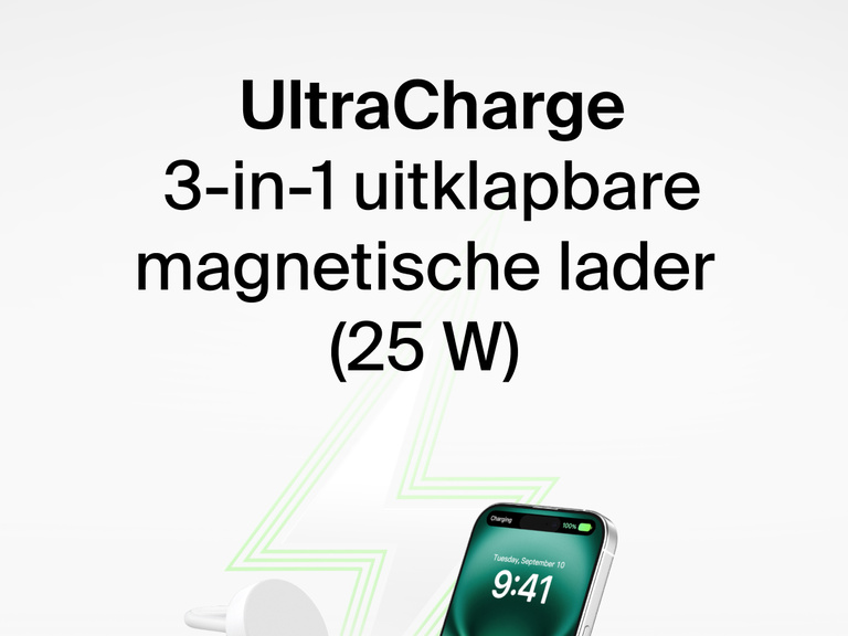Afbeelding van de Belkin UltraCharge 3-in-1 uitklapbare magnetische lader met Qi2 25W die een iPhone oplaadt, met een groene bliksemschicht op de achtergrond.