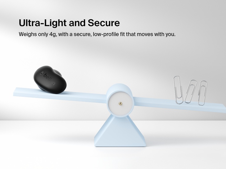 Belkin SoundForm Anywhere Wireless Earbuds shown on a balance scale highlighting ultra-light 4g weight and secure low-profile fit.