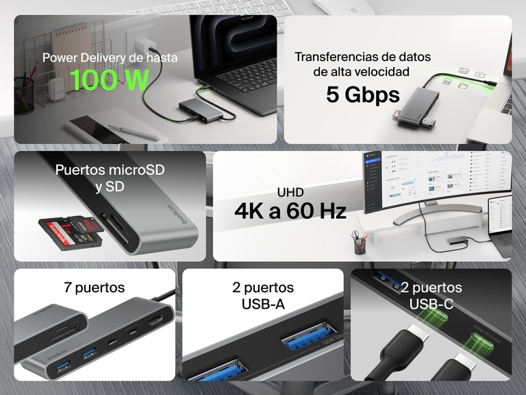 Belkin Connect 7-Port USB-C Hub with Dual USB-C Ports featuring 100W power delivery, 4K HDMI, SD and microSD slots, 5Gbps transfer speed, and multiple USB-C and USB-A ports.