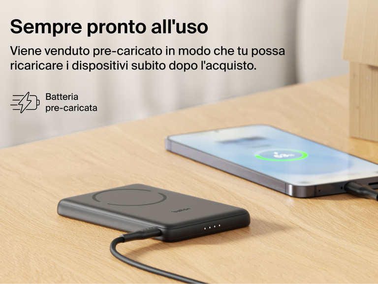 Belkin BoostCharge Slim Magnetic Power Bank 5K with Qi2 shown precharged and ready to deliver fast, portable wired or magnetic wireless charging straight out of the box.