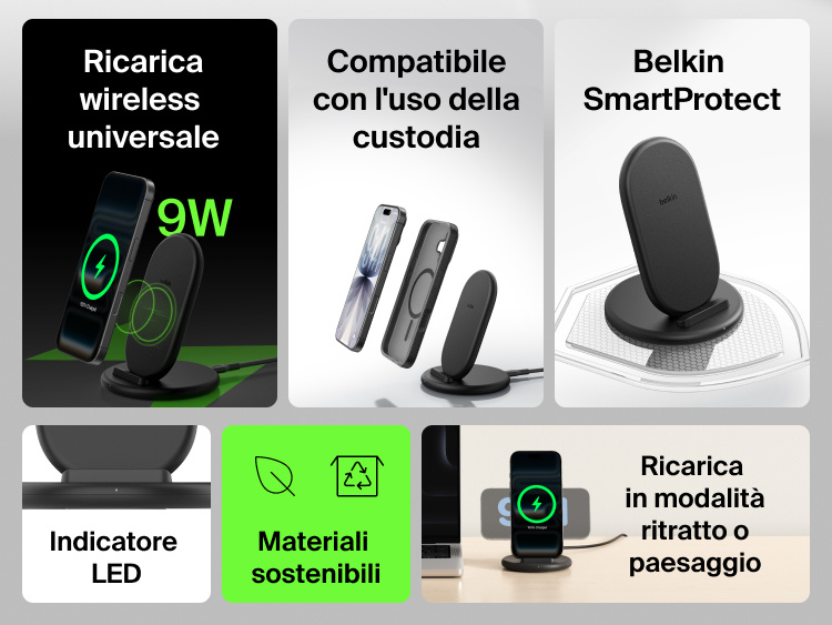 Belkin BoostCharge Wireless Charging Stand 15W shown with key features including universal wireless charging, case compatibility, SmartProtect technology, LED indicator, sustainable materials, and 15W fast charging.