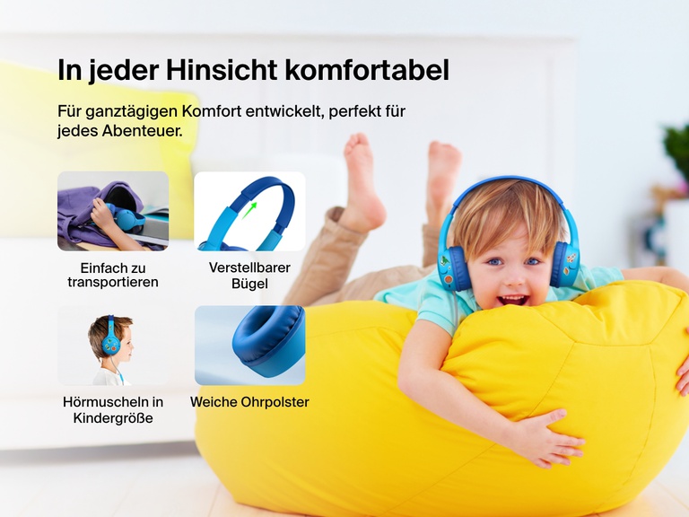 Smiling child wearing Belkin Wired On-Ear Headphones for Kids while lounging on a yellow beanbag, with callouts for soft ear cushions, adjustable headband, kid-sized earcups, and easy portability.